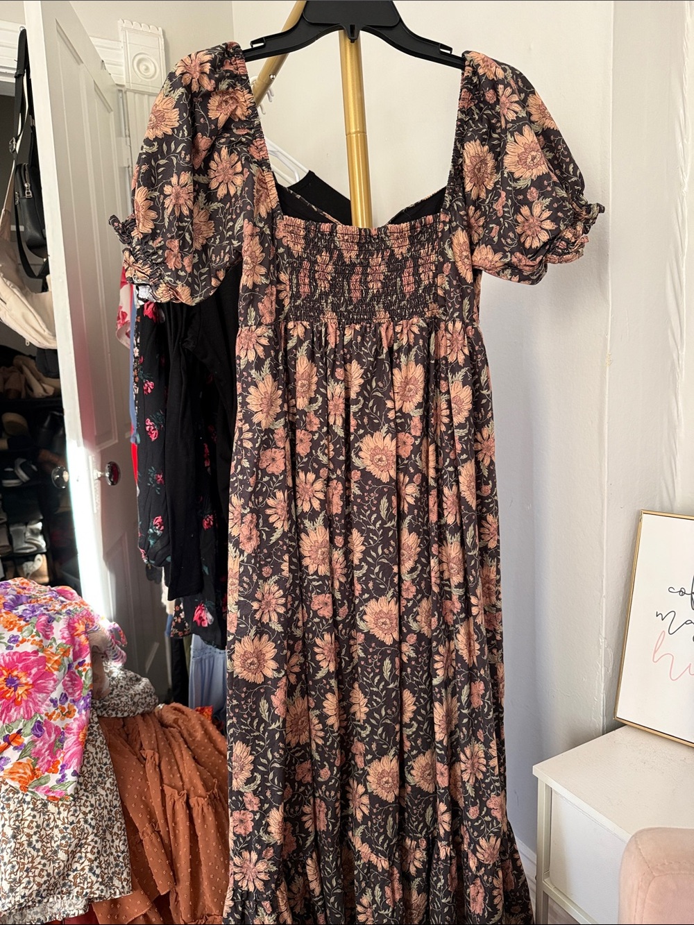 Puff-Sleeve Floral Maxi Dress - Black with Dusty Pink Flowers - Picture 3 of 4